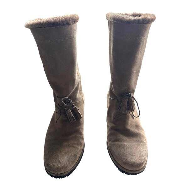 Stuart Weitzman Sockette Boots Taupe Mid-Calf Suede Faux Fur Lining Tassel 8 - Picture 4 of 9
